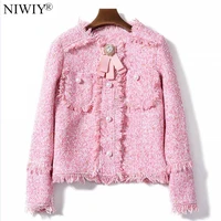 niwiy brand autumn pink tweed tassel bomber jacket chaquetas mujer invierno 2022 luxury retro long sleeve winter jacket n9109