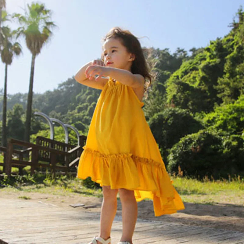 Шифоновое платье с оборками для девочек Лето 2018 г. богемное длинное красное