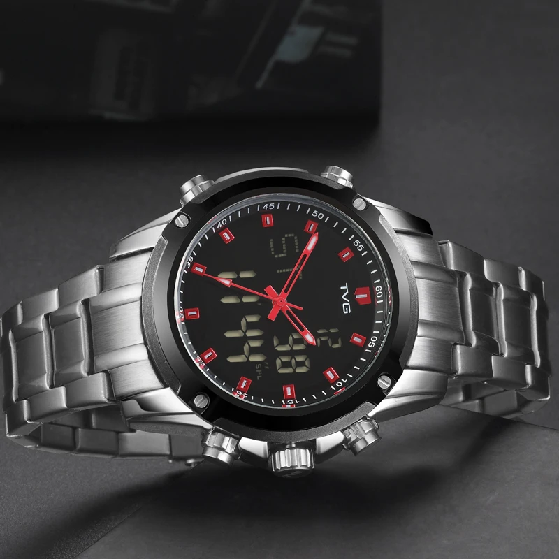 

TVG Mens Fashion LED Digital Watch Full Steel Men's Waterproof Sport Watch Men Quartz Watch Analog Military Watch часы мужские