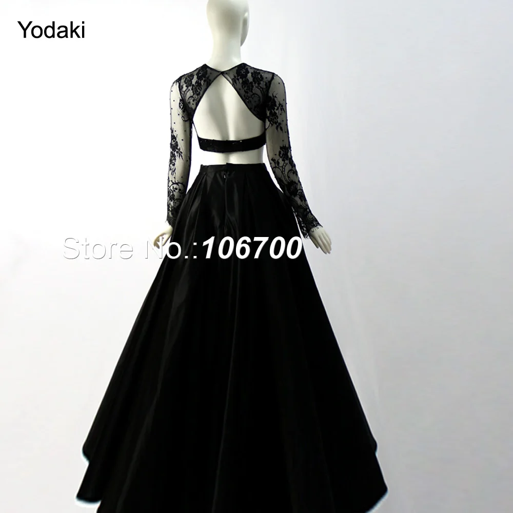 

2018 New Two Pieces Black Lace Prom Dresses Long Sleeves Lace Top Satin A line Boat Neck Floor Length Evening Gowns JB862
