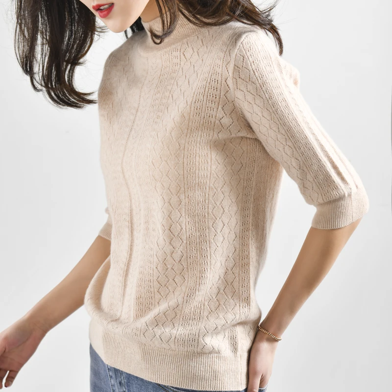 2019 New style Women's Knitted Half sleeve Sweater high collar Slim Solid 100% Wool color Pullover Free Shipping | Женская одежда