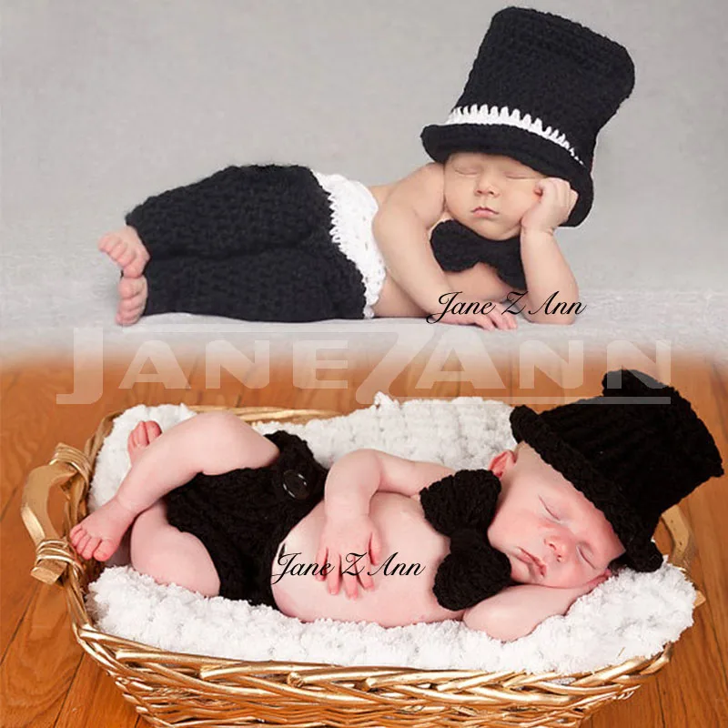 Jane Z Ann Newborn photography props hat+pants+bow tie infant boy gentlemen crochet outfit handmade knitting cotton yarn clothes | Детская