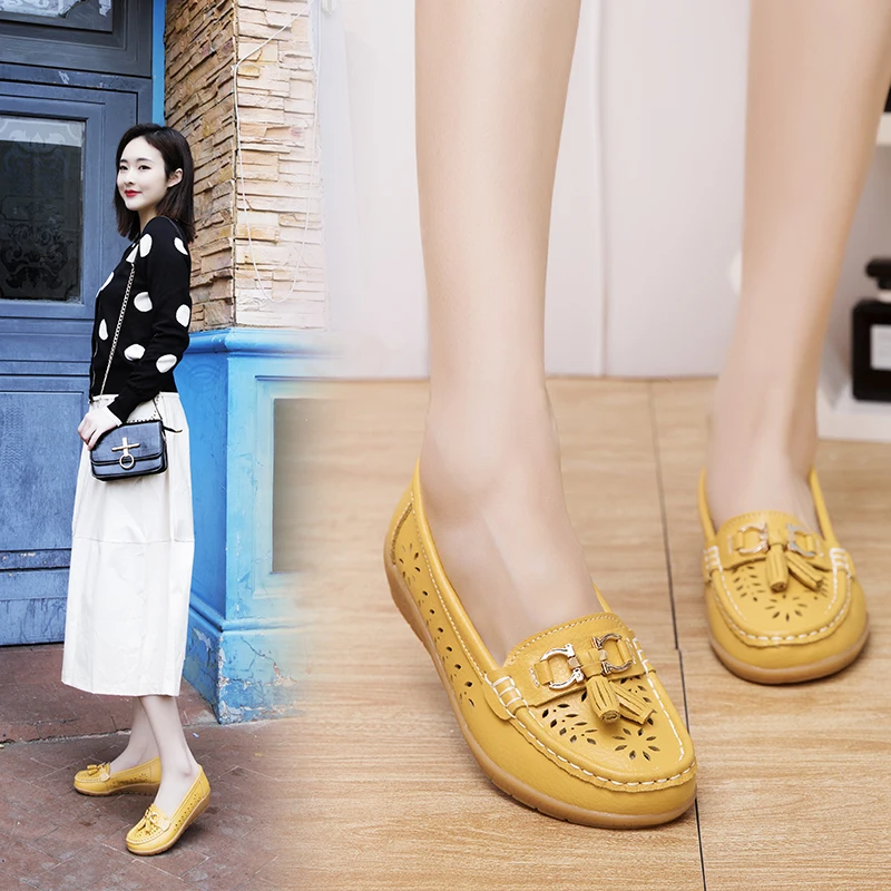 AURONET Soft Leather Hollow Women Ballet Flats Shoes Slip On Loafers Women'S Moccasins Boat Shoes Large Size Spor Ayakkabi Bayan