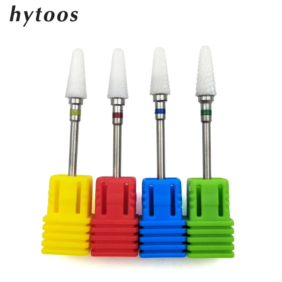 Керамическая конусная фреза HYTOOS для маникюра и педикюра, насадки 3/32 дюйма для обработки ногтей, аксессуары, фреза для удаления геля, 4 вида