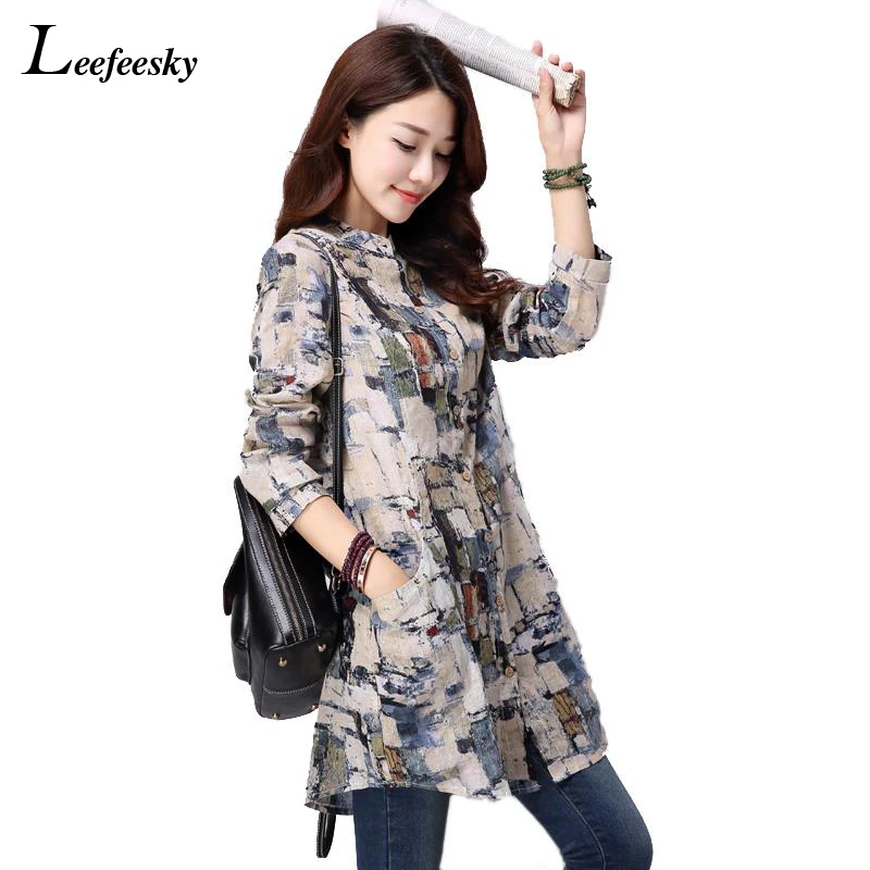 Рубашка женская льняная с длинным рукавом и принтом|female clothing|tribal print blousesprinted blouse |