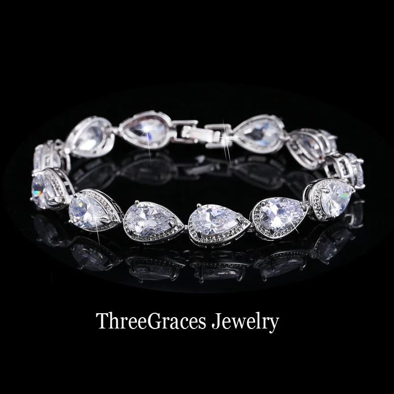 white ThreeGraces роскошные свадебные вечерние ювелирное изделие овальной формы полностью вокруг кубического циркония кристалл свадебные браслеты для невест BR017 - Окраска металла: white
