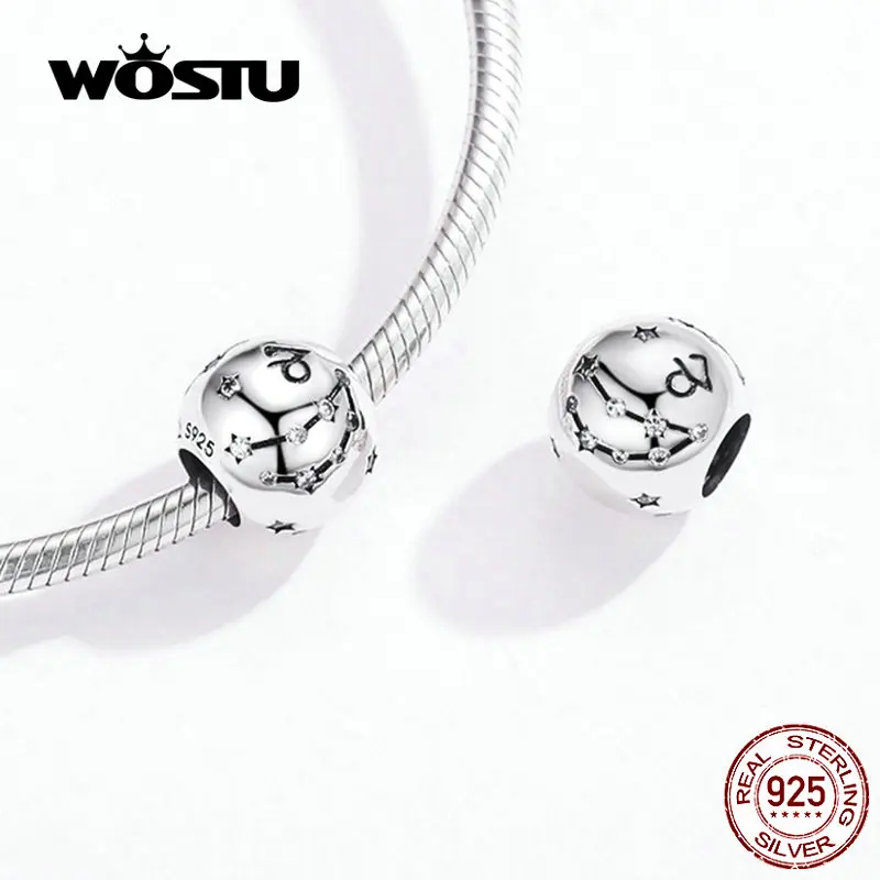 WOSTU 12 Созвездие овна бусины 925 пробы Серебро CZ Шарм Подходит DIY браслет бусины для изготовления ювелирных изделий CQC1218