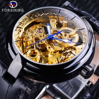 forsining fashion black golden skeleton watches blue luminous hands genuine leather mens mechanical wristwatch waterproof clock