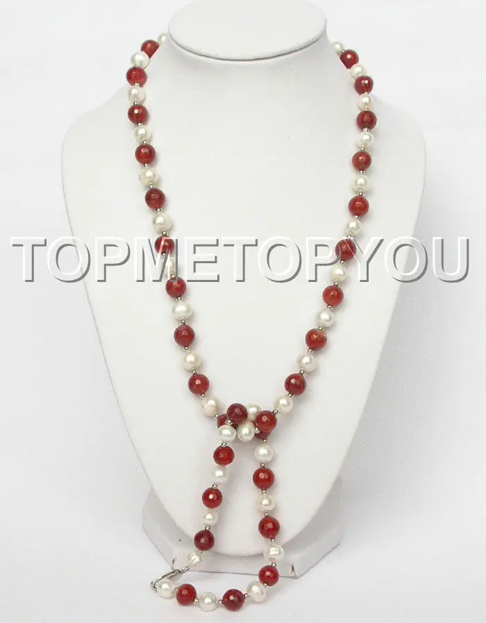 18&quot white freshwater pearls red jade necklace bracelet set AAA style 100% Natural Noble Fine jewe | Украшения и аксессуары