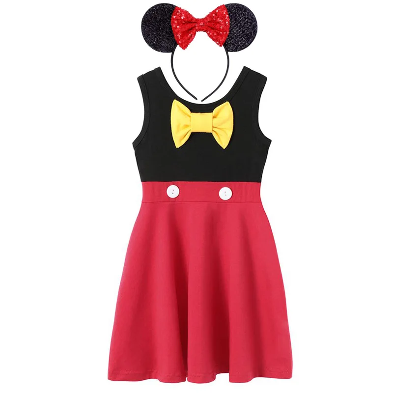 MUABABY Kids Princess Summer Dress for Girls Child Snow White Belle Mickey Casual Cotton Birthday Costume with Accessories | Детская