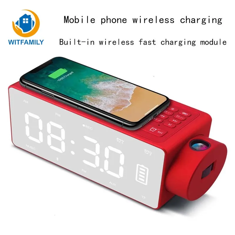 Беспроводная зарядка Bluetooth умный динамик проекционный будильник TF карта fm радио