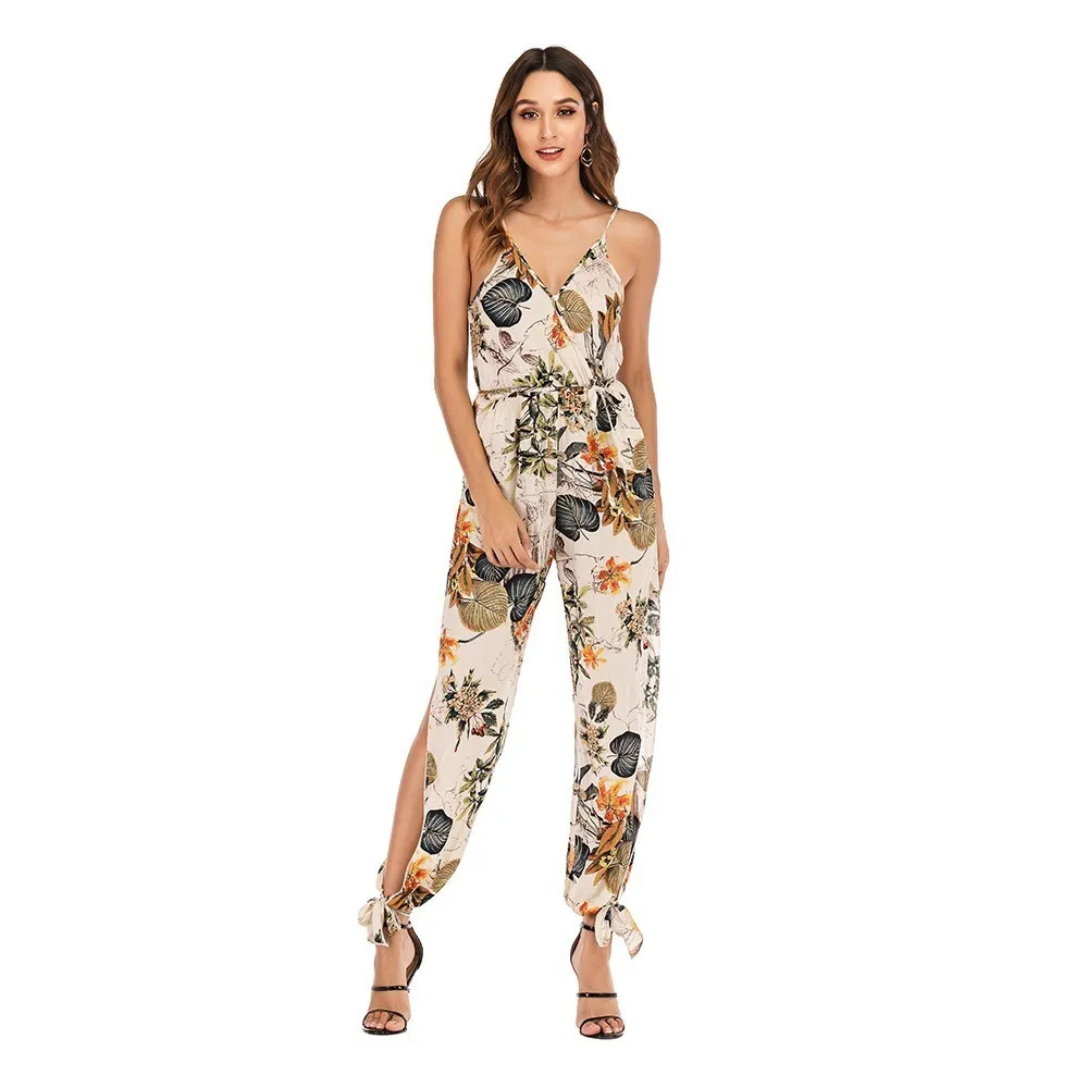 

Solid Sexy V Neck Woman Dungarees Casual High Waist Women's Summer Playsuit Wide Leg Loose Long Pants Sleeveless Romper Jumpsuit