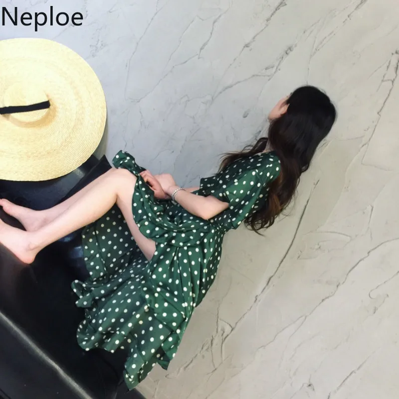 Neploe Polka Dot Retro Dress Women Summer 2019 V-Neck Three Quarter Sleeve Robe Irregular Ruffles Female Vestidos 44906 | Женская одежда