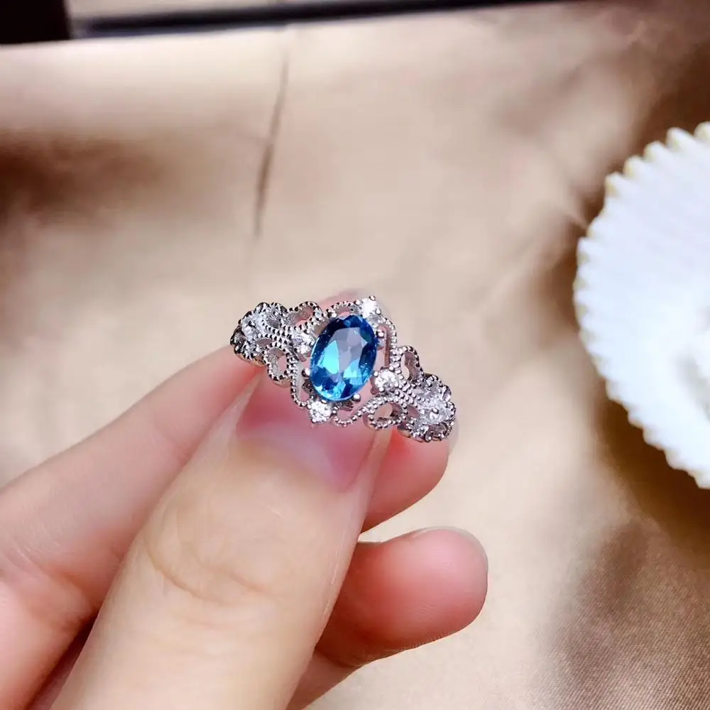 

Natural blue topaz gem Ring Natural gemstone ring S925 silver Elegant Retro-hollowing out women girl gift party fine Jewelry