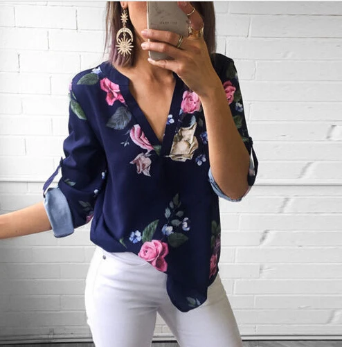 Модная женская цветочная рубашка с V образным вырезом женские повседневные