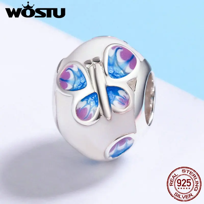 WOSTU Настоящее 925 пробы Серебряная бабочка Белая Эмаль Бусины Подходят WST браслеты с подвесками ювелирные изделия подарок CQC292