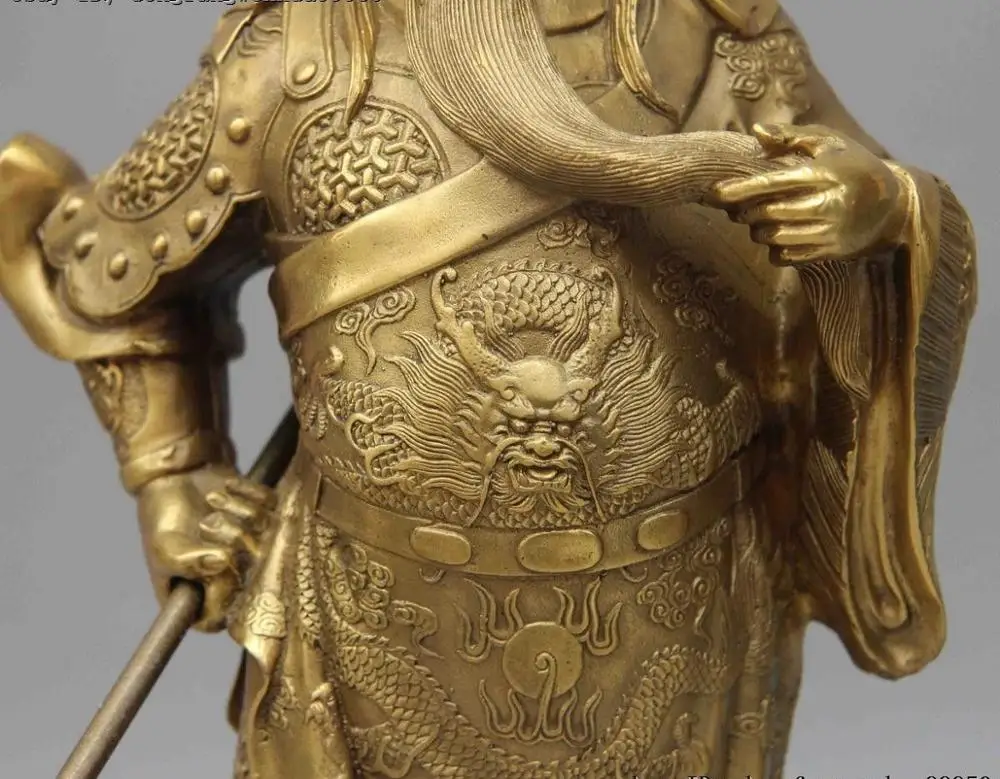 Китайский латунный бронзовый дракон Guangong Guan Gong Yu воин Бог держит нож статуя | Дом