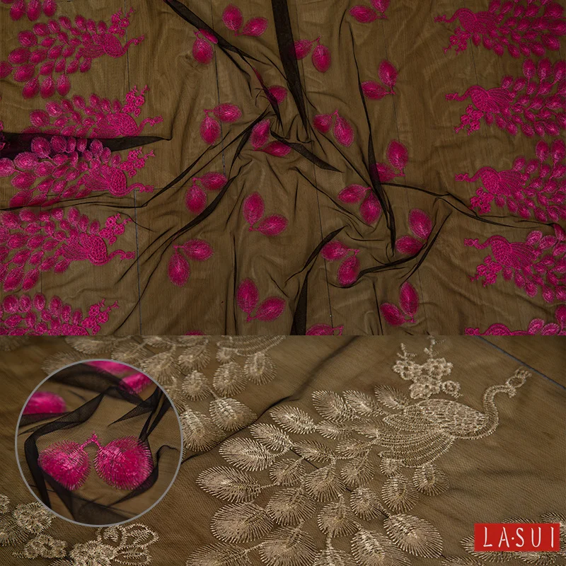 

LASUI 2017 2colors rose red and gold black mesh Bilateral positioning mesh peacock open screen dress Fashion clothing DIY X0175