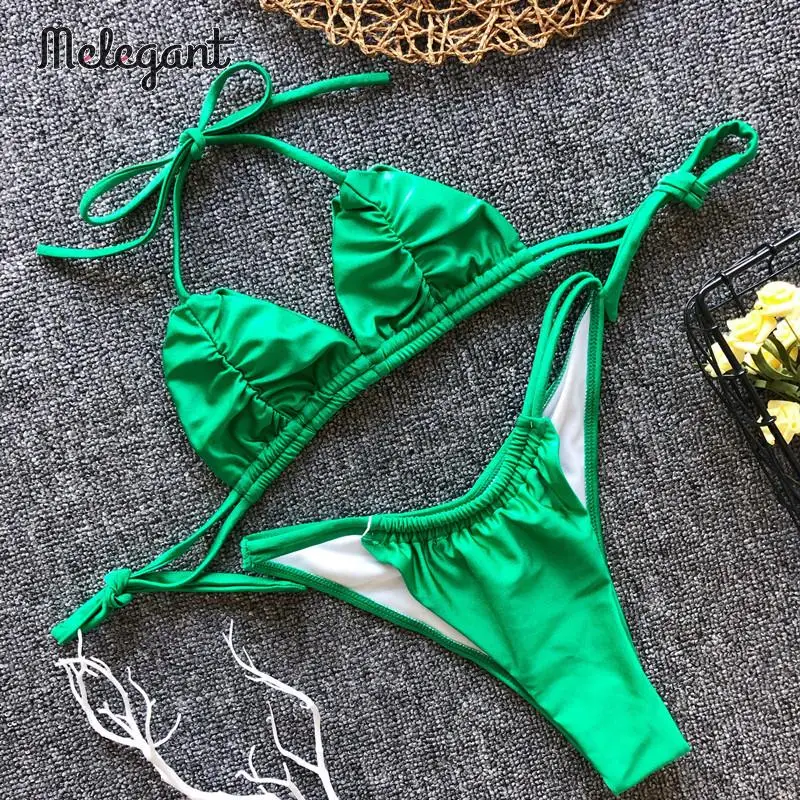 Mэлегантный сексуальный однотонный зеленый плиссированный купальник женское