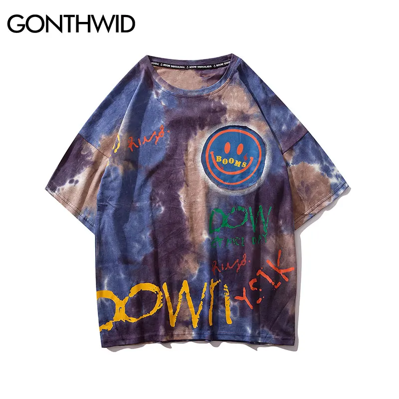 GONTHWID граффити с принтом смайлика Tie Dye футболки для повседневной носки Для мужчин
