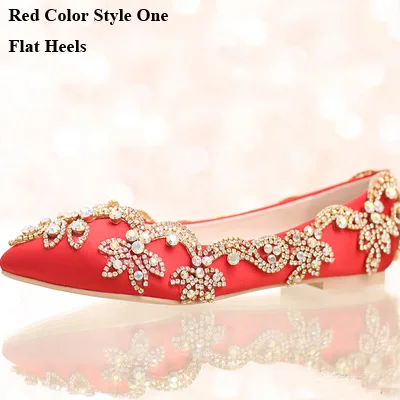 Red Style One Шампанское Атласная Люкс Свадебное Платье Обувь Плоский Каблук Острым Носом Формальные Платье ShoesLady Пром Танцы Обувь Горный Хрусталь - Цвет: Red Style One
