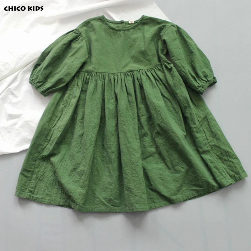 Платье детское из хлопка и льна с рукавами-фонариками 2 цвета | Детская одежда