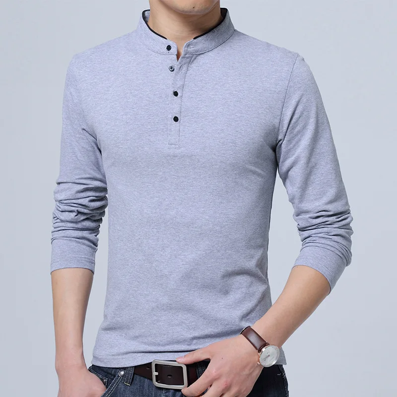 Мужская футболка с воротником стойкой однотонная хлопковая длинным рукавом