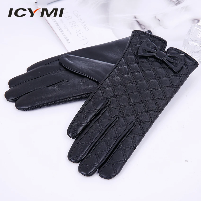 

ICYMI genuine leather touch-sensitive glove for women plaid sheepskin touchscreen warm lining glove elegant bowknot female glove