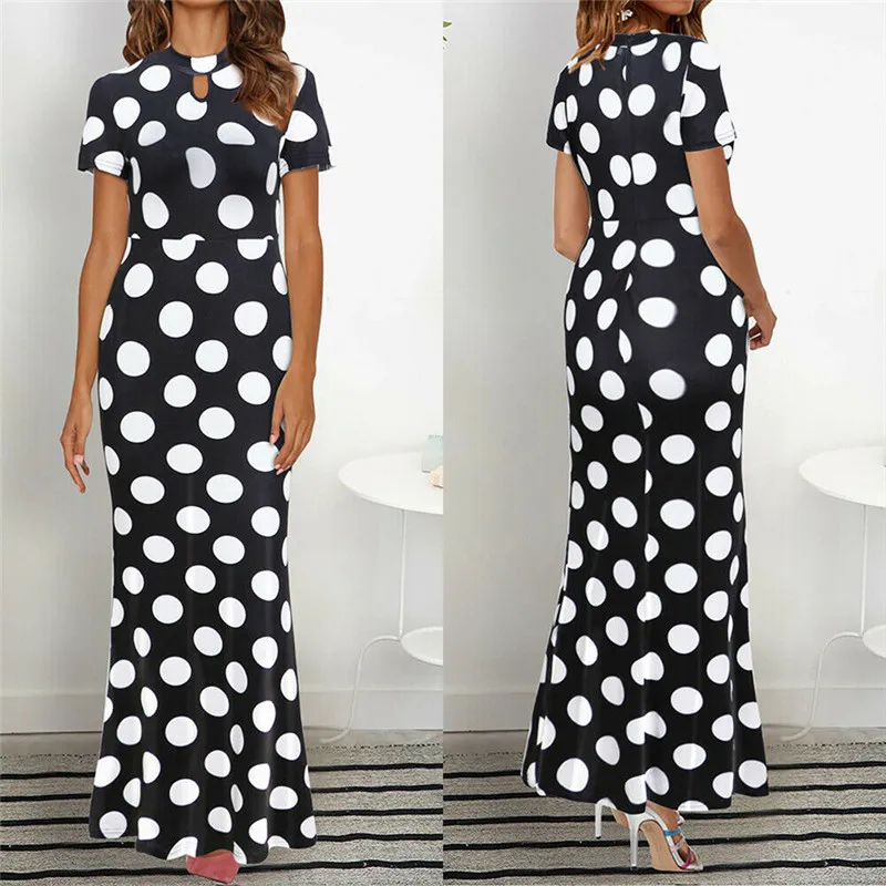 Ретро женское длинное платье в горошек с высокой талией летнее круглым вырезом