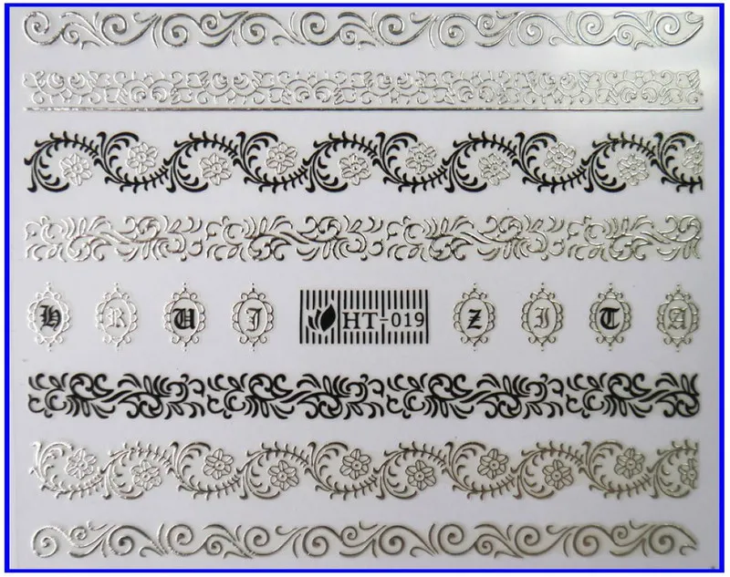 HT019 BLACK SILVER 1х самоклеющиеся черные, белые, золотые, серебряные металлические наклейки для дизайна ногтей, слайдер, кружева, лоза, винтажная мода, арабский узор, HT19-21 - Цвет: HT019 BLACK SILVER