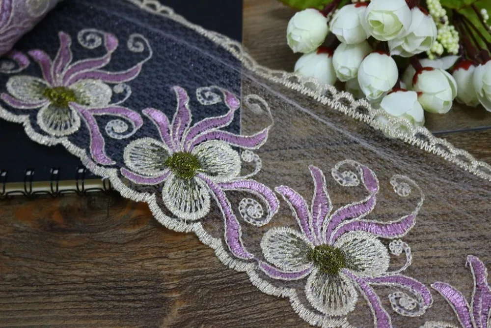 

5yards/lot Width 11.5cm white background light purple flowers Lace Trim for DIY Garment Accessories LS-2516