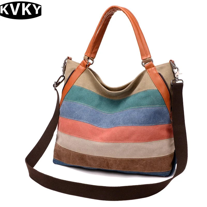 Женская сумка в полоску KVKY, вместительная сумка через плечо в стиле ретро