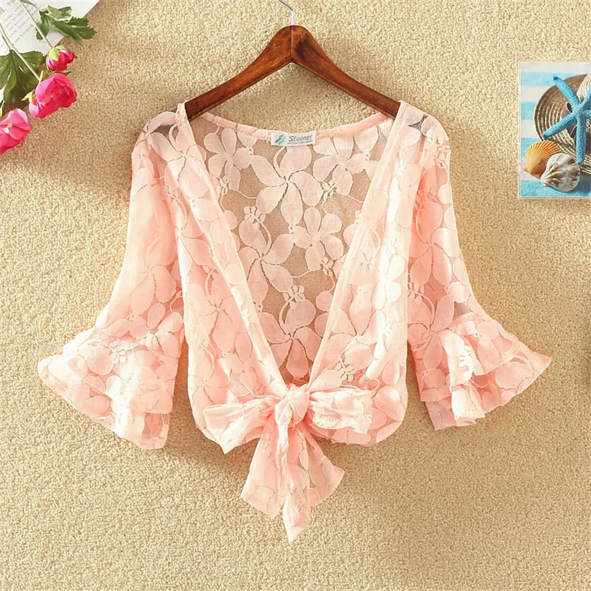 2019 Summer Elegant Women Lace Shawl Capes Lady White Wraps Bow Tie Wrap Bolero Accessories Coat Tops Sun Protection WZ785 | Женская