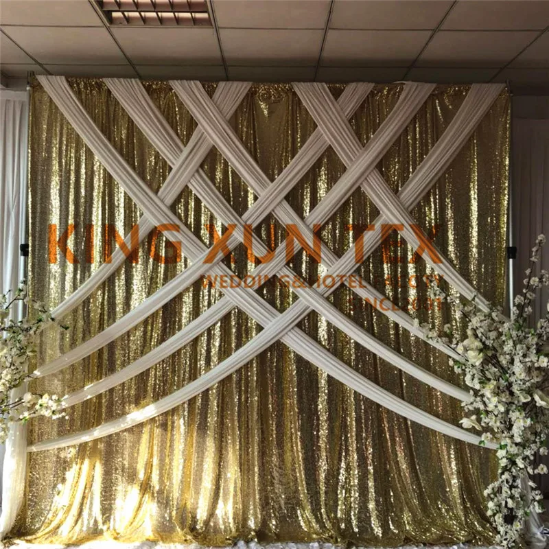 

Nice Looking Gold Sequin Backdrop Curtain With White Silk Swag Valance Drapery For Wedding Decoration