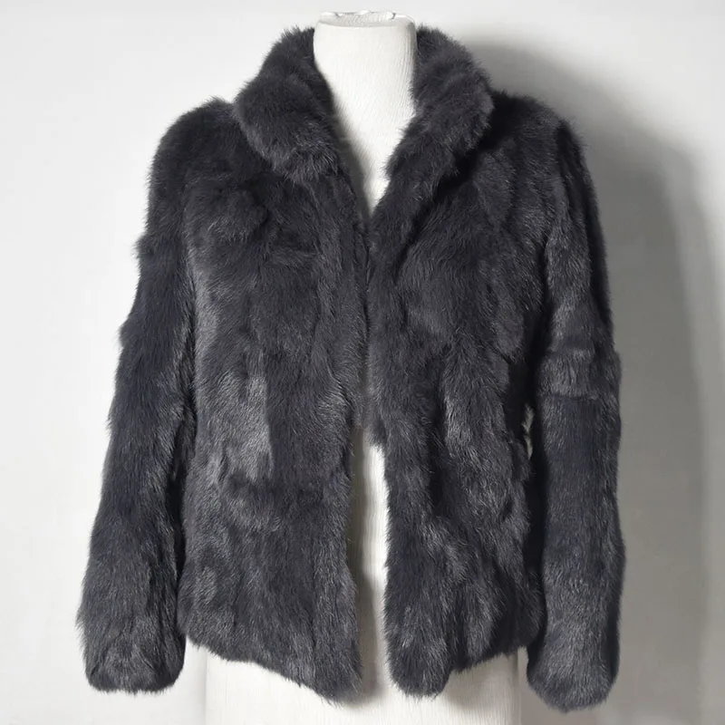 dark grey button Высококачественное пальто из натурального меха, модные меховые пальто из натурального кролика, элегантная женская зимняя верхняя одежда с воротником-стойкой, куртка из кроличьего меха - Цвет: dark grey button