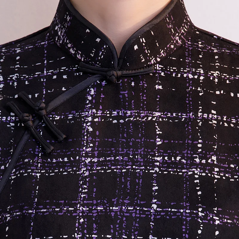 

2019 Long Cheongsam Vintage Chinese style Mandarin Collar Dress Womens Spring Suede Qipao Slim Party Dresses Vestido S-XXXL