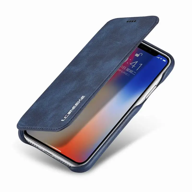 Роскошный кожаный флип чехол для iPhone X с отделением карт Ретро теленка Защитные