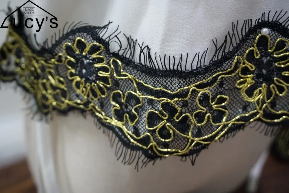 

1 piece/3 yards NEW gold cording black eyelash french lace trimming sewing for women evening gowns