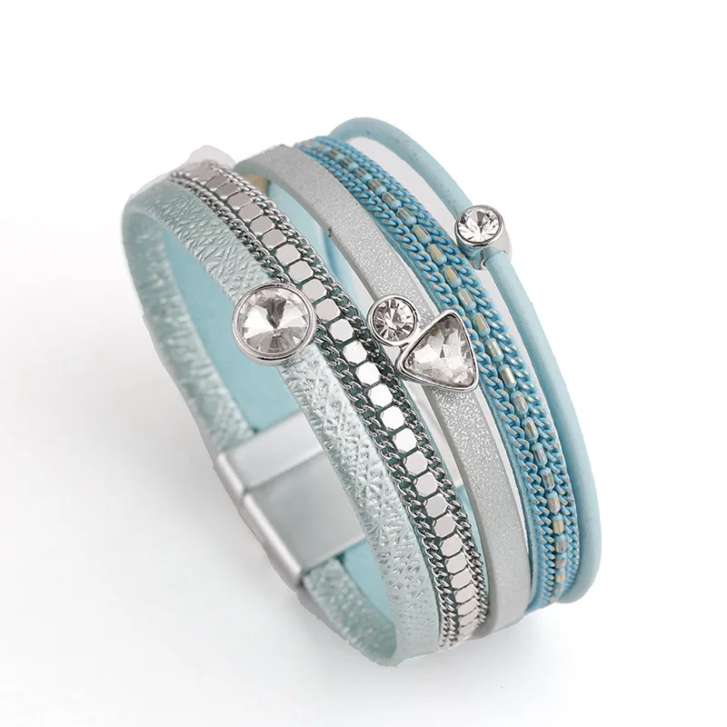 Light Blue ALLYES, многослойный кожаный браслет для женщин, лето, богемный стиль, Женский Хрустальный Шарм, женские браслеты и браслеты, ювелирные изделия - Окраска металла: Light Blue