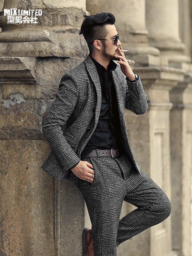 

Men Autumn and Winter Lattice New Grey Pattern Slim Casual Banquet Blazer Suit Men's Woolen European Style Business Suit F311
