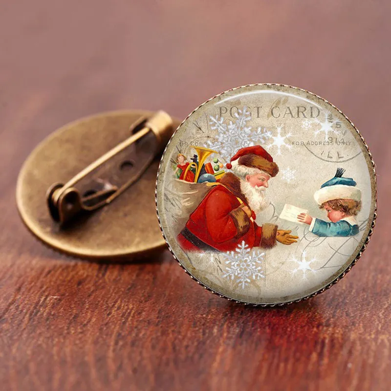 Милый олень рождественские стеклянные Броши Булавки Снеговик Санта Клаус