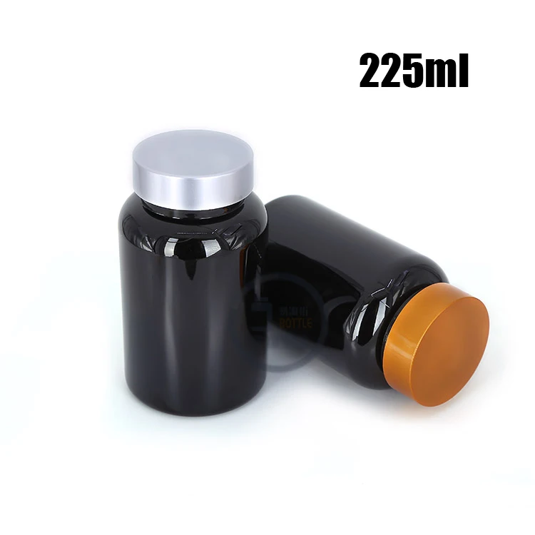 20pcs 225ml TOP Black Color PET Medicine Bottle Packing Vatimin Bottles Plastic Capsules with Gold/Silver Alumunim Caps | Красота и
