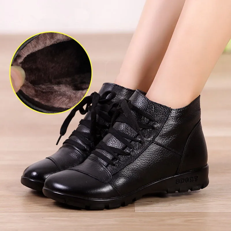 Женские зимние ботинки из натуральной кожи на плоской подошве | Обувь