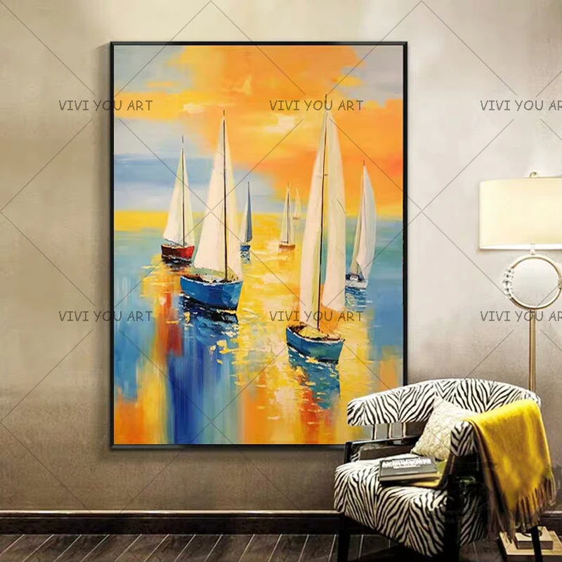 Ручная роспись Современный абстрактный пейзаж лодки закат картина маслом на