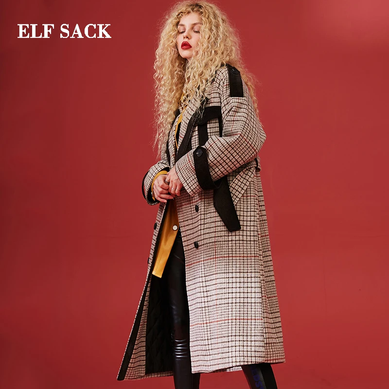 ELFSACK клетчатая британская шерстяная куртка длинное шерстяное пальто для женщин