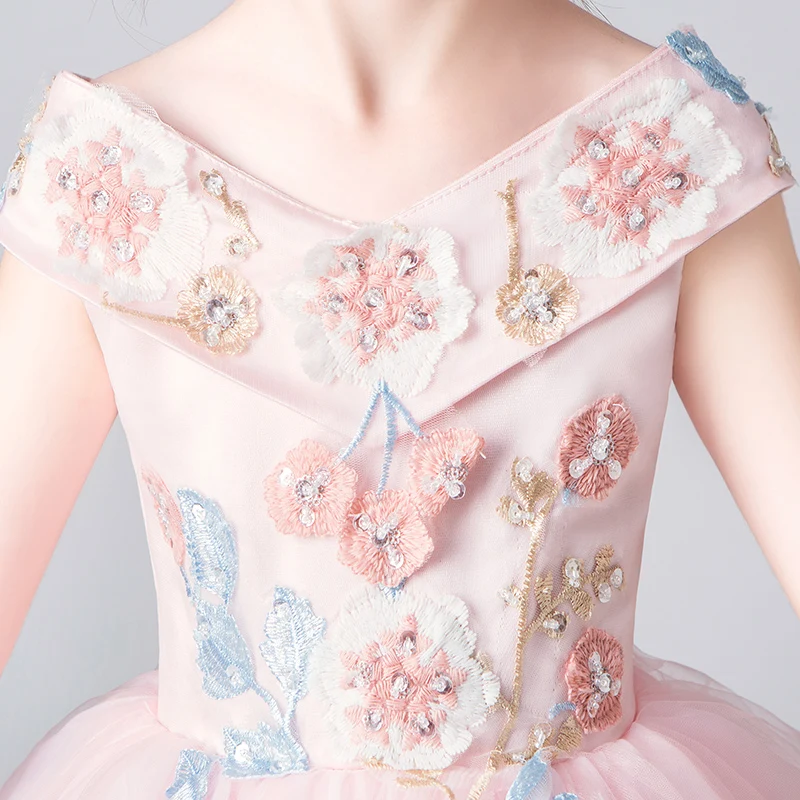 

Luxury Embroidery Pink Flower Girl Dresses for Wedding Off Shoulder Long Trailing Holy Communion Dress V-neck Evening Gowns G307