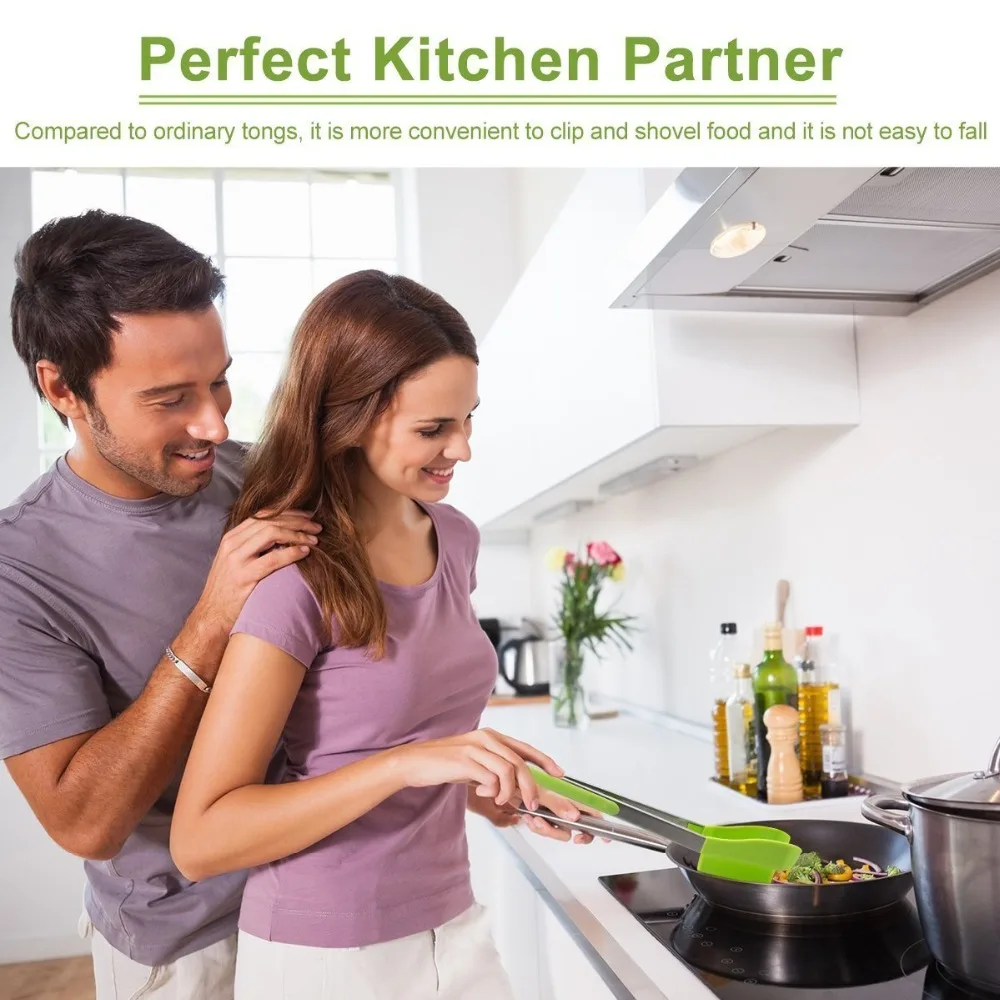 12 дюймов умные Щипцы 2 в 1 кухонная Лопатка и щипцы антипригарная нержавеющая