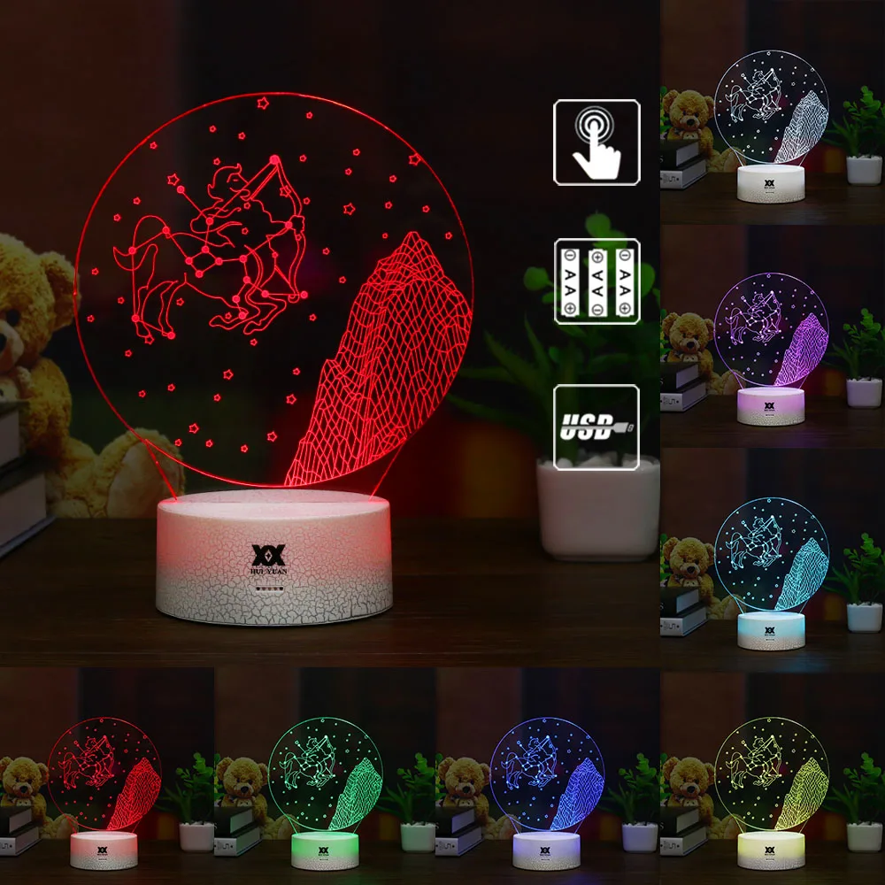 HUI YUAN Brand Sagittarius 3D Remote LED Night Light Touch Table Lamp 7 Color Visual illusion USB Glowing Children's Gift | Лампы и