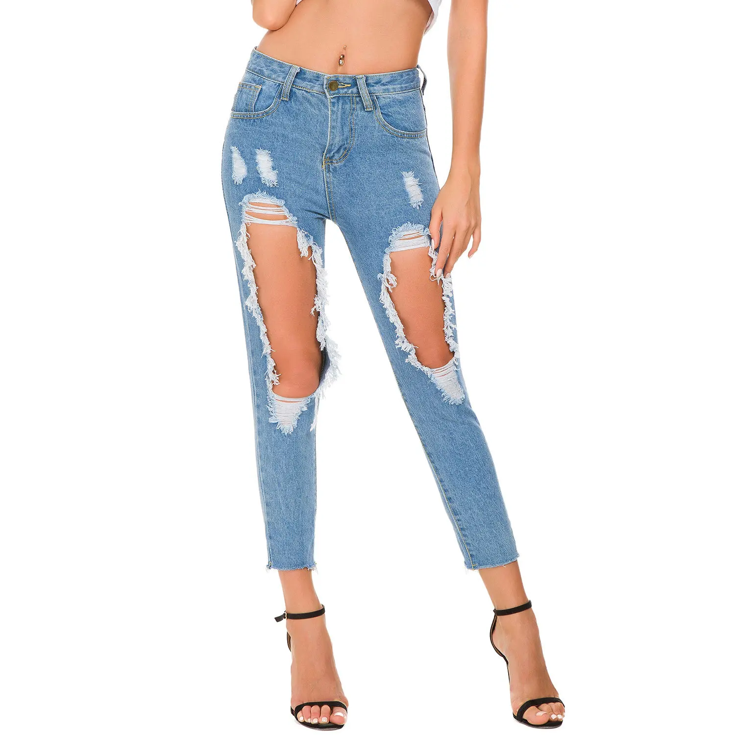 2018 Autumn Stylish Ripped Hole Jeans Women Casual Regular Ankle-Length Denim Pants | Женская одежда