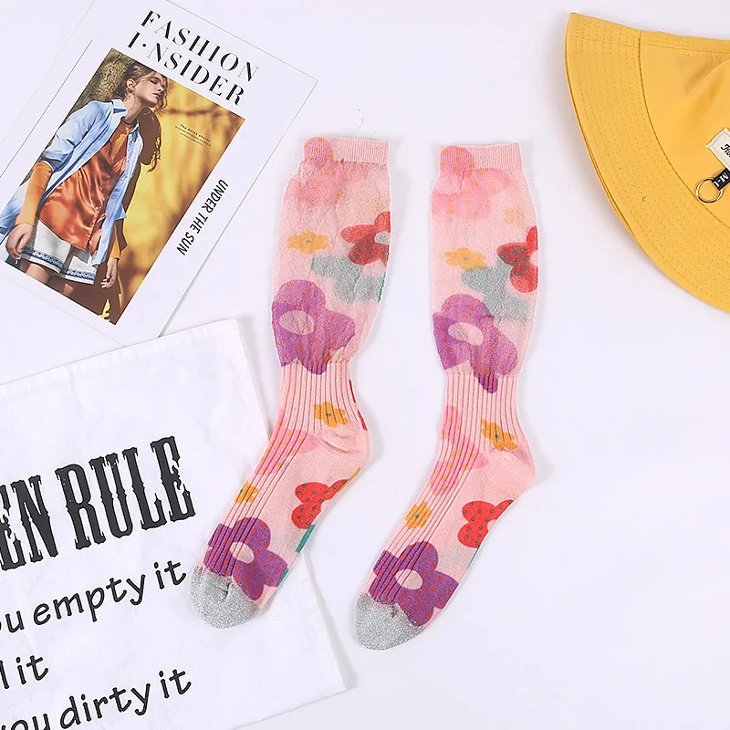 

Net red yarn cotton female growth socks printed pink flower pattern fashion color